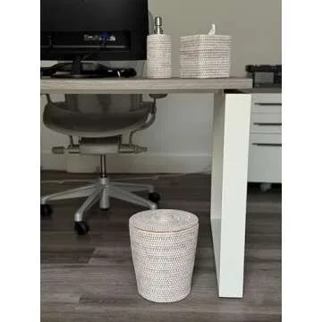 KOUBOO La Jolla Rattan Round Waste Basket With Lid & Plastic Insert, 2 Gallon Woven Wastebasket for Bathroom, Kitchen, Office, Living Room, & Home Decor, White Wash