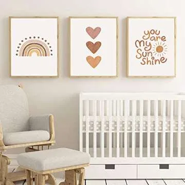 PUYIQARE You Are My Sunshine Canvas Wall Art Nursery Art Print Heart Rainbow Nursery Wall Art Boho Wall Art Prints For Girls Room Decor Boho Sunshine Nursery Decor for Baby Kids Room Decor Unframed