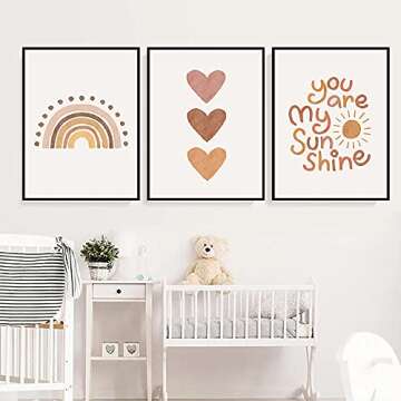 PUYIQARE You Are My Sunshine Canvas Wall Art Nursery Art Print Heart Rainbow Nursery Wall Art Boho Wall Art Prints For Girls Room Decor Boho Sunshine Nursery Decor for Baby Kids Room Decor Unframed