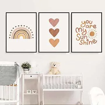 PUYIQARE You Are My Sunshine Canvas Wall Art Nursery Art Print Heart Rainbow Nursery Wall Art Boho Wall Art Prints For Girls Room Decor Boho Sunshine Nursery Decor for Baby Kids Room Decor Unframed