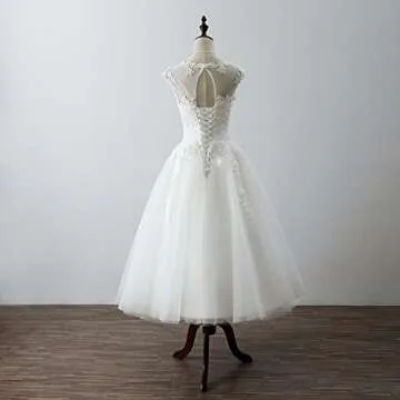 Women's Elegant Sheer Vintage Short Lace Wedding Dress for Bride US 14 Ivory