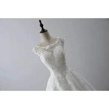Women's Elegant Sheer Vintage Short Lace Wedding Dress for Bride US 14 Ivory
