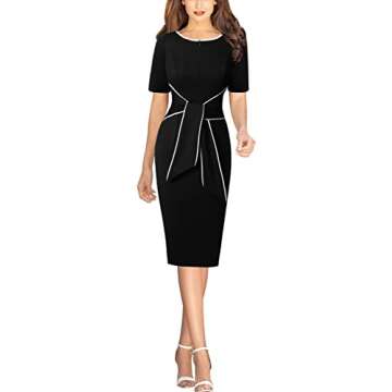 VFSHOW Womens Black Front Zipper Tie Waist Bow Belted Slim Wear to Work Business Office Bodycon Penc...