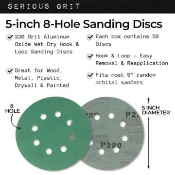 Serious Grit Sanding Discs 5 Inch 8 Hole 220 Grit - Heavy-Duty Hook & Loop Wet Dry Film Sandpaper Di...