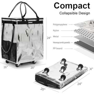 (Large,Silver) Reusable Grocery Bag on Wheels, Foldable Rolling Tote,76 lbs Capacity Shopping Trolle...