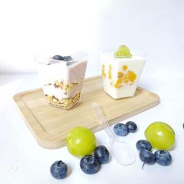 ShiningCandy 50 Pack 5 oz Desert Cups with Lids and Spoons, Plastic Dessert Cups, Parfait Cups, Small Clear Plastic Yogurt Cups Great for Desserts, Appetizers, Pudding, Wedding Birthday Party Supplies