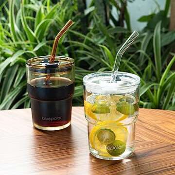 BLUEPOLAR 13oz/400ml Glass Water Tumbler with Straw and Lid Sealed Carry On Thick Wall Iced Coffee C...