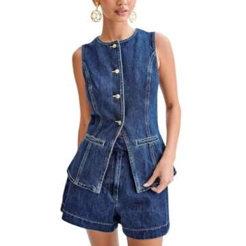 ROMRUM Women's Denim 2 Piece Outfits Sleeveless Button Down Jean Jacket Vest High Waisted Mini Short...