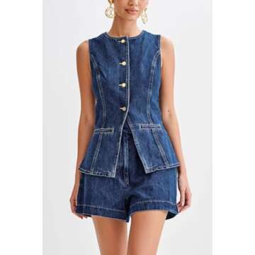 ROMRUM Women's Denim 2 Piece Outfits Sleeveless Button Down Jean Jacket Vest High Waisted Mini Shorts Summer Lounge Set(Small, Blue)
