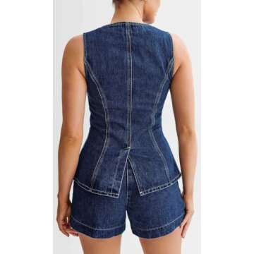ROMRUM Women's Denim 2 Piece Outfits Sleeveless Button Down Jean Jacket Vest High Waisted Mini Shorts Summer Lounge Set(Small, Blue)
