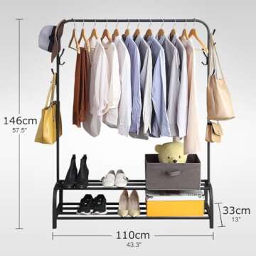 Clothing Garment Rack with Shelves, Metal Cloth Hanger Rack Stand Clothes Drying Rack for Hanging Clothes,with Top Rod Organizer Shirt Towel Rack and Lower Storage Shelf for Boxes Shoes Boots, Black