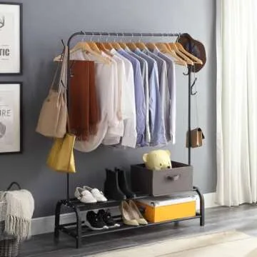 Clothing Garment Rack with Shelves, Metal Cloth Hanger Rack Stand Clothes Drying Rack for Hanging Clothes,with Top Rod Organizer Shirt Towel Rack and Lower Storage Shelf for Boxes Shoes Boots, Black