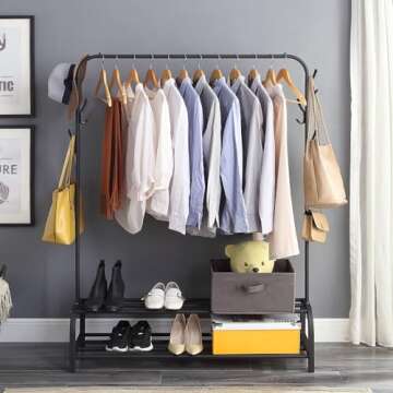 Clothing Garment Rack with Shelves, Metal Cloth Hanger Rack Stand Clothes Drying Rack for Hanging Clothes,with Top Rod Organizer Shirt Towel Rack and Lower Storage Shelf for Boxes Shoes Boots, Black