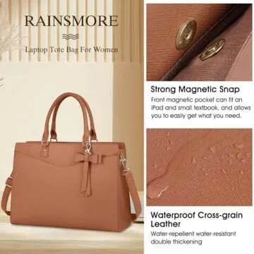 RAINSMORE Laptop Bag for Women 15.6 Inch PU Tote Bag Business Office Work Computer Bag Waterproof Briefcase Lightweight Handbag Shoulder, Bright Brown