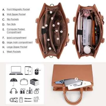 RAINSMORE Laptop Bag for Women 15.6 Inch PU Tote Bag Business Office Work Computer Bag Waterproof Briefcase Lightweight Handbag Shoulder, Bright Brown