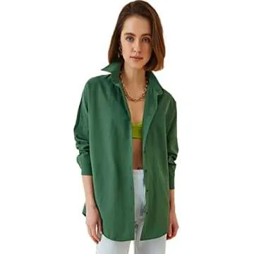 Womens Dressy Blouses Tops, Casual Long Sleeve Loose Fit Button Down Shirts (X-Large, Emerald)