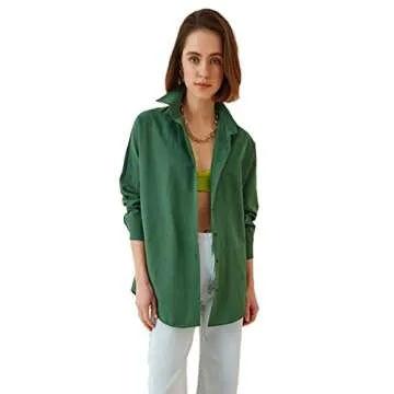 Womens Dressy Blouses Tops, Casual Long Sleeve Loose Fit Button Down Shirts (X-Large, Emerald)