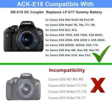 TKDY for Canon R50 Dummy Battery ACK-E18 Power Supply DR-E18 LP-E17 DC Coupler Kit, for Canon EOS R50 R100 R8 R10 RP, Rebel T6i T7i T8i T6s SL3 SL2 77D 800D Digital Cameras.