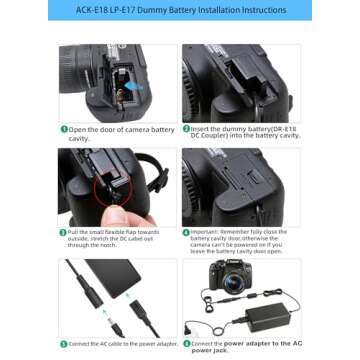 TKDY for Canon R50 Dummy Battery ACK-E18 Power Supply DR-E18 LP-E17 DC Coupler Kit, for Canon EOS R50 R100 R8 R10 RP, Rebel T6i T7i T8i T6s SL3 SL2 77D 800D Digital Cameras.