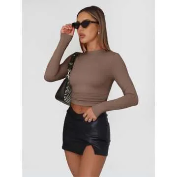 AUTOMET Womens Long Sleeve Shirt Basic Crop Tops Fall Fashion Underscrubs Layer Slim Fit Winter Clothes Black White Coffee Gray L