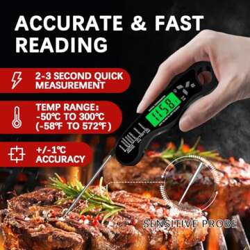Cooking Thermometer,IP67 Waterproof Digital Meat Thermometer with Backlight, Calibration & Hold Func...