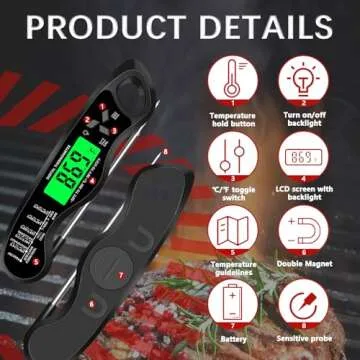Cooking Thermometer,IP67 Waterproof Digital Meat Thermometer with Backlight, Calibration & Hold Function，Food Thermometer for Cooking,Outdoor Grilling,Candy Making