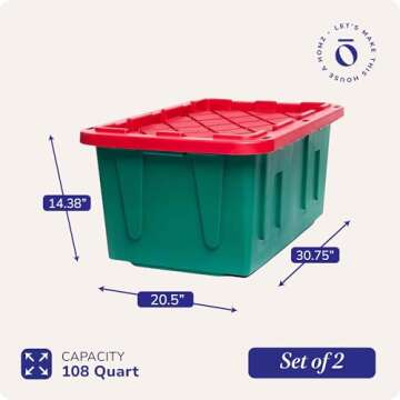 HOMZ 2-Pack Durabilt, Heavy Duty Plastic Storage Box with Lids, 27 Gallon, Green/Red