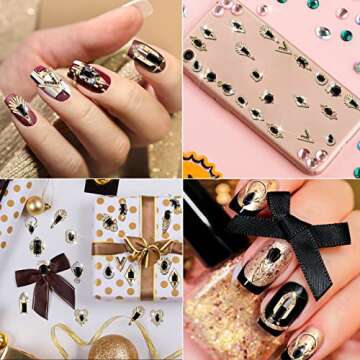 Leelosp 24 Pieces 3D Nail Charms Gold Luxury Black Rhinestones Nail Charms for Acrylic Nails Black Zircon Jewels Crystals Nail Rhinestones with Storage Box for Nail DIY Craft Art