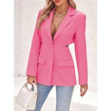 Cicy Bell Women's Fitted Sexy Blazers Casual Open Front Long Sleeve Trendy Tailored Cut Out Blazer Jackets Hot Pink