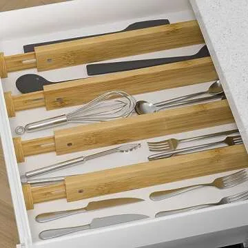 4 pcs Bamboo Kitchen Drawers Organizer,Adjustable Bedroom Socks & Underwear Storage Organizers, Expa...