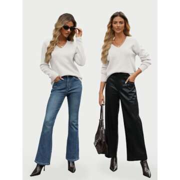 LILLUSORY Womens V Neck Pullover Sweater Long Sleeve Fashion Shirts Fall Outfits 2025 Knit Trendy Slim Fitted Tops White S