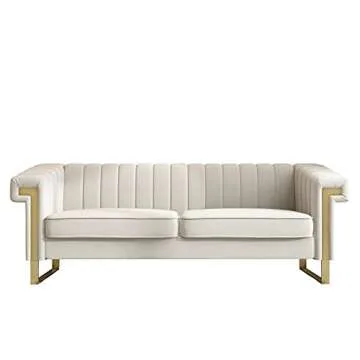 FHDLDS 84 Inch Chesterfield Sofa with Tufted Velvet Upholstered, Modern Velvet Couch with Flared Arms and Removable Cushions, Living Room Furniture,Solid Wood Frame and Gold Legs (Beige)