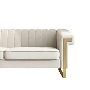 FHDLDS 84 Inch Chesterfield Sofa with Tufted Velvet Upholstered, Modern Velvet Couch with Flared Arms and Removable Cushions, Living Room Furniture,Solid Wood Frame and Gold Legs (Beige)