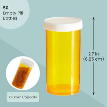 Wellbrite 50-Pack Empty Medicine Bottles with Caps - 13 Pill Dram Bottles - Plastic Vials - Containers for Prescription Medication, Vitamins & Supplements - Orange Plastic Pill Bottle