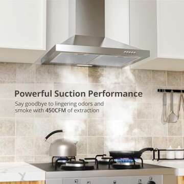 FIREGAS Range Hood 24 inch Wall Mount Type with Ducted/Ductless Convertible, 450 CFM Stainless Steel Chimney-Style Kitchen Hood, Over Stove Vent Hood with 3 Speed Fan, Charcoal Filters