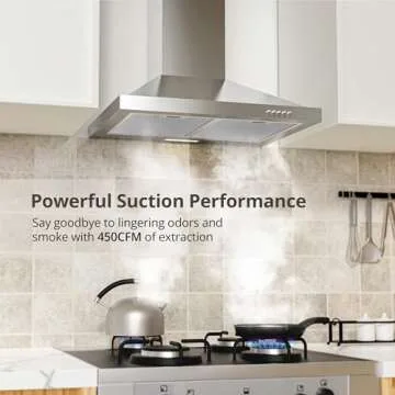 FIREGAS Range Hood 24 inch Wall Mount Type with Ducted/Ductless Convertible, 450 CFM Stainless Steel Chimney-Style Kitchen Hood, Over Stove Vent Hood with 3 Speed Fan, Charcoal Filters