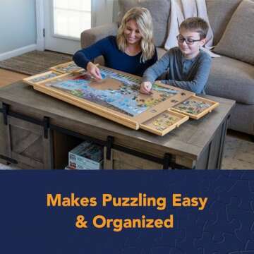 Bits and Pieces Puzzle Board with Drawers – 1000 Piece Jigsaw Puzzle Table Organizer 22.25"x 30" Wooden Smooth Non-Slip Surface Portable Sorting Trays