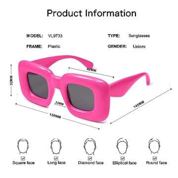 VANLINKER Cute Square Inflated Sunglasses for Women Men Trendy Chunky Glasses Retro Thick Frame Funny Mask Shades VL9733 Bar-bie Pink