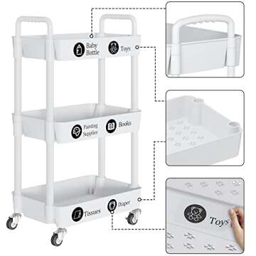 UDEAR 3-Tier Rolling Utility Cart with 12 Category Labels,Multifunctional Storage Shelves with Handl...