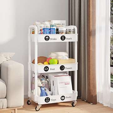 UDEAR 3-Tier Rolling Utility Cart with 12 Category Labels,Multifunctional Storage Shelves with Handle and Lockable Wheels for Room,Office,Kitchen,Bathroom,White