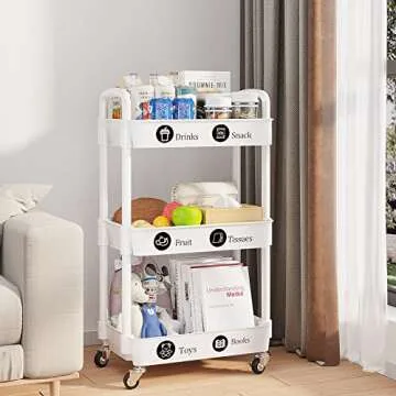 UDEAR 3-Tier Rolling Utility Cart with 12 Category Labels,Multifunctional Storage Shelves with Handle and Lockable Wheels for Room,Office,Kitchen,Bathroom,White
