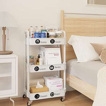 UDEAR 3-Tier Rolling Utility Cart with 12 Category Labels,Multifunctional Storage Shelves with Handle and Lockable Wheels for Room,Office,Kitchen,Bathroom,White