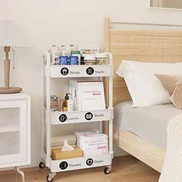 UDEAR 3-Tier Rolling Utility Cart with 12 Category Labels,Multifunctional Storage Shelves with Handle and Lockable Wheels for Room,Office,Kitchen,Bathroom,White