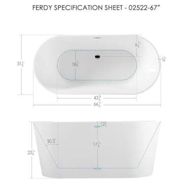 FerdY Shangri-La 67" Acrylic Freestanding Bathtub, Classic Oval Shape Freestanding Soaking Acrylic B...