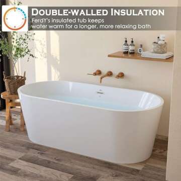 FerdY Shangri-La 67" Acrylic Freestanding Bathtub, Classic Oval Shape Freestanding Soaking Acrylic Bathtub, Modern White, cUPC Certified, Chrome Drain and Classic Slotted Overflow