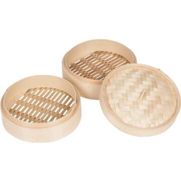 Trademark Innovations Bamboo Steamer - Eco-Friendly 3 Piece Set, 10" Diameter