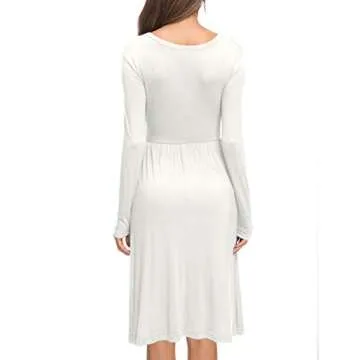 AUSELILY Women Long Sleeve Dresses Round Neck Casual Spring Swing Dress with Pockets White XL