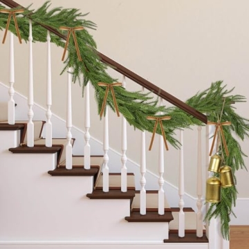 Flasoo 6 Feet Artificial Norfolk Pine Garlands with Christmas Bells and Velvet Ribbon for Christmas ...