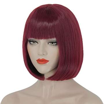 Bopocoko Wine Red Wigs for Women, 12'' Short Burgundy Bob Hair Wig with Bangs, Natural Synthetic Wig...