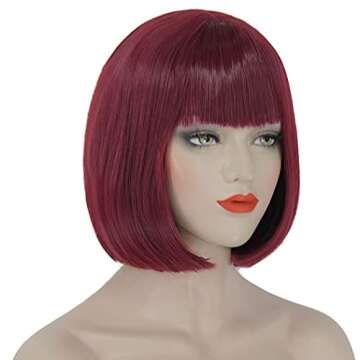 Bopocoko Wine Red Wigs for Women, 12'' Short Burgundy Bob Hair Wig with Bangs, Natural Synthetic Wig with Realistic Scalp, Cute Wigs for Daily Party BU239BU